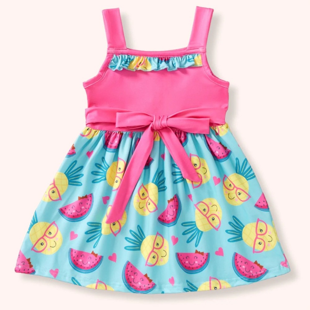Pink and Blue Sleeveless Sundress with Square Neck